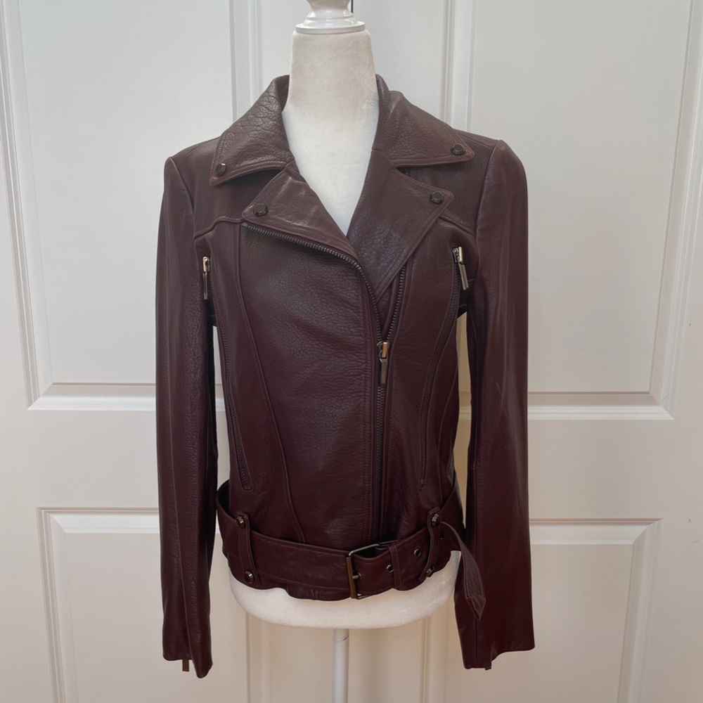 Burgundy Belted Moto Leather Jacket from Bagatelle. City